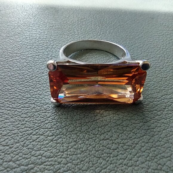 Sterling Silver Orange CZ Solitaire Cocktail Ring Size 9 - 10.5g - Picture 8 of 9